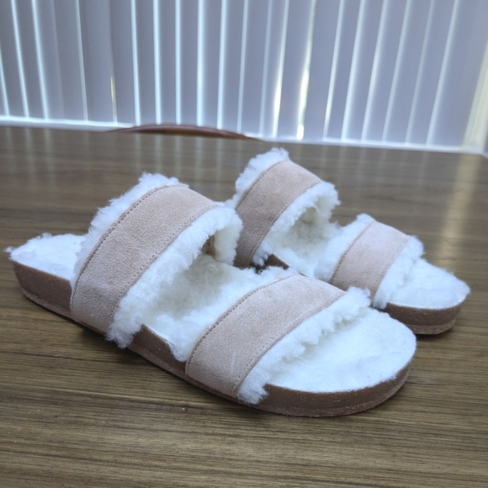 NEW Soludos Sage Sandals Beige Suede Leather Faux Shearling Slip On Size 8.5